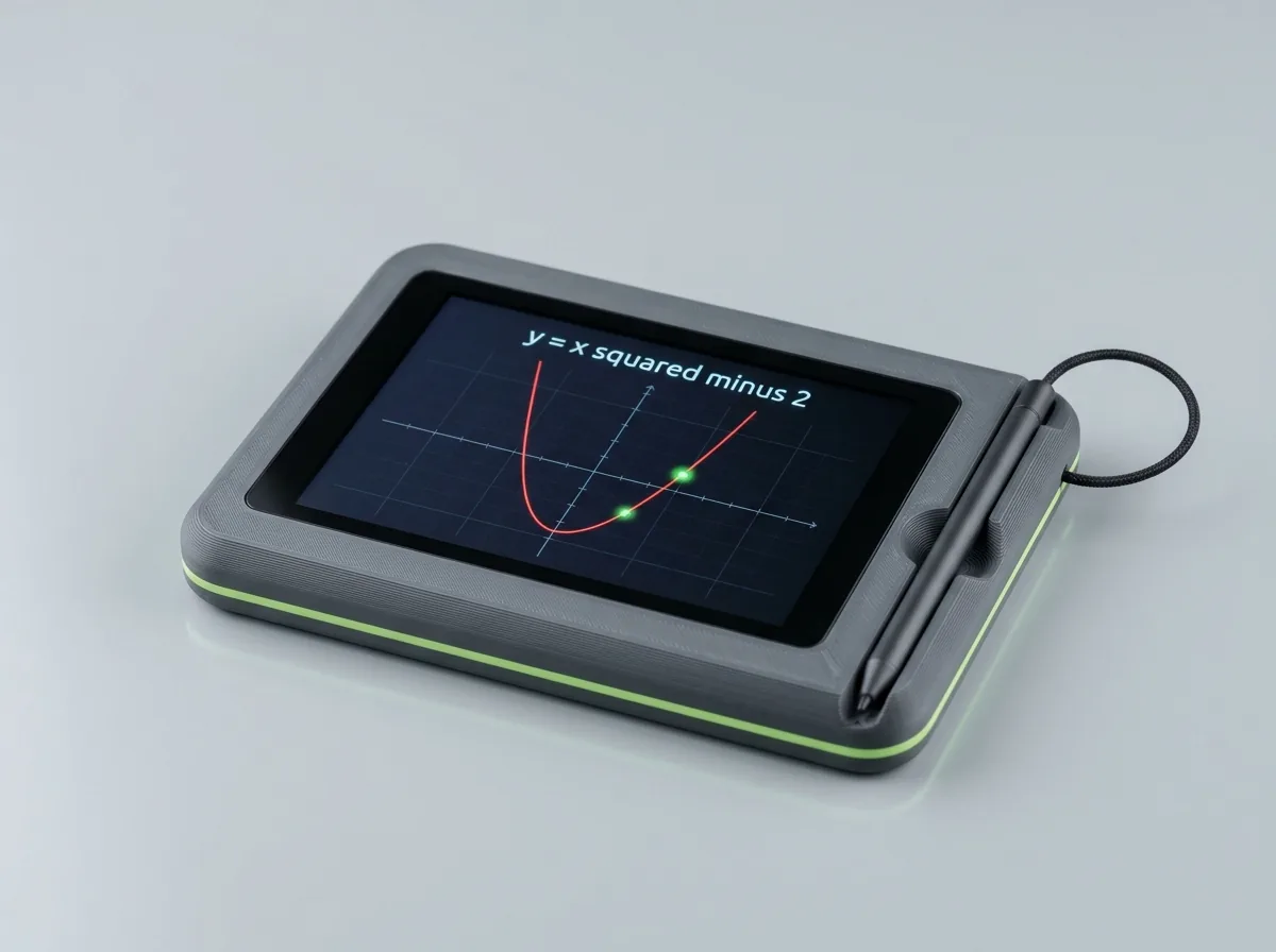 Concept render of the 4.3-inch Buddy: a slim matte graphite 3D-printed case with a thin lime accent line, a landscape touchscreen showing a red parabola graph on a grid, and a slim pen on a short tether resting in a groove down the right-hand side.