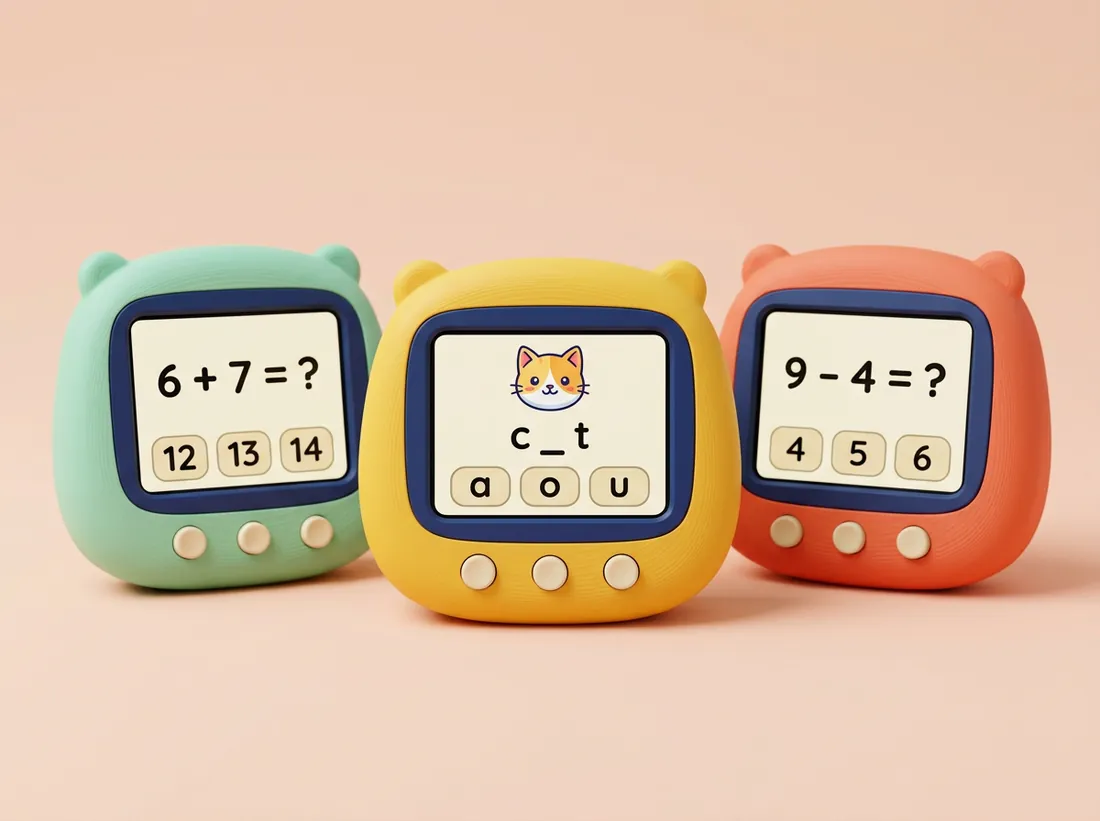 Three Buddy concept devices in mint, yellow and coral. Their screens show the sum 6 plus 7 with answers 12, 13 and 14, the spelling c blank t with a cartoon cat and letters a, o and u, and the sum 9 minus 4 with answers 4, 5 and 6.