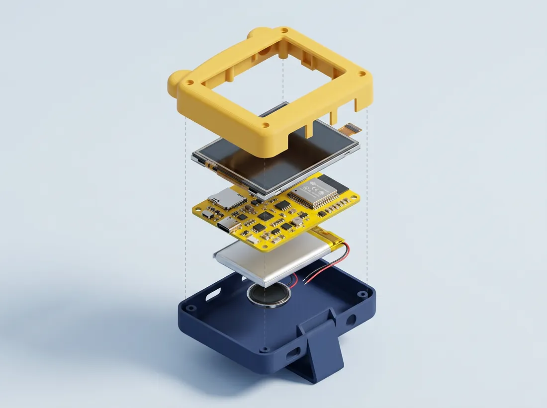 Exploded concept view of the Buddy: yellow front shell, 2.8 inch touch screen, yellow ESP32 circuit board, flat battery, small speaker and navy back shell with stand.